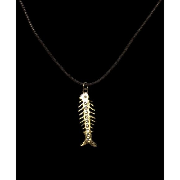 Glam Goth Fishbone Gold Sterling Pendant Necklace - Picture 4 of 10